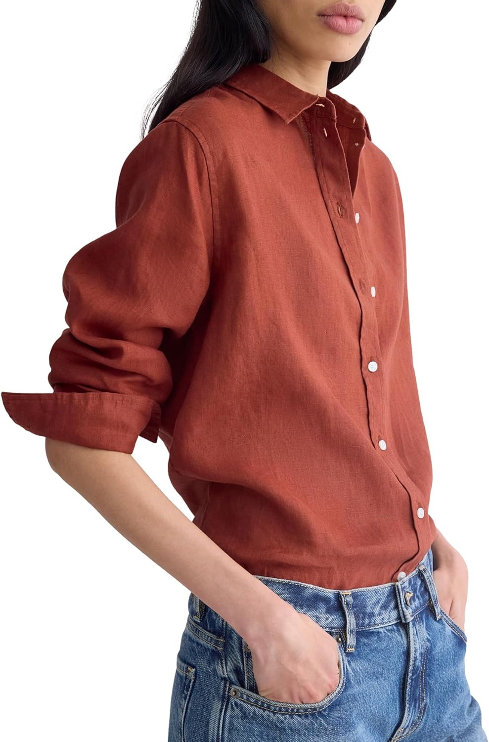 image:imageEverlane Womens The MustHave Linen Shirt Relaxed Fit ButtonDown in Certified European Flax LinenHenna Red