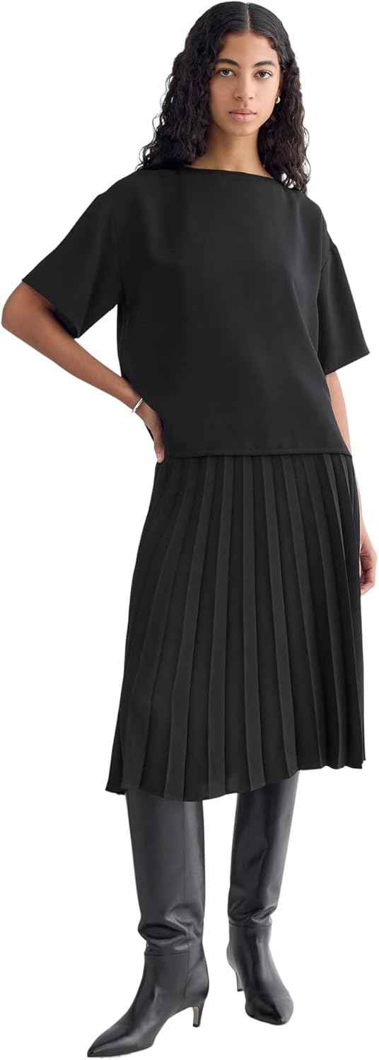 image:imageEverlane Womens Drapey Crepe Top GRS Recycled Polyester Relaxed Blouse with Side SlitsBlack