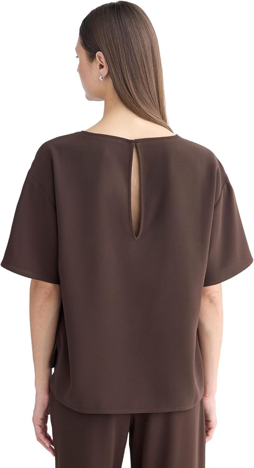 image:imageEverlane Womens Drapey Crepe Top GRS Recycled Polyester Relaxed Blouse with Side SlitsDark Chocolate