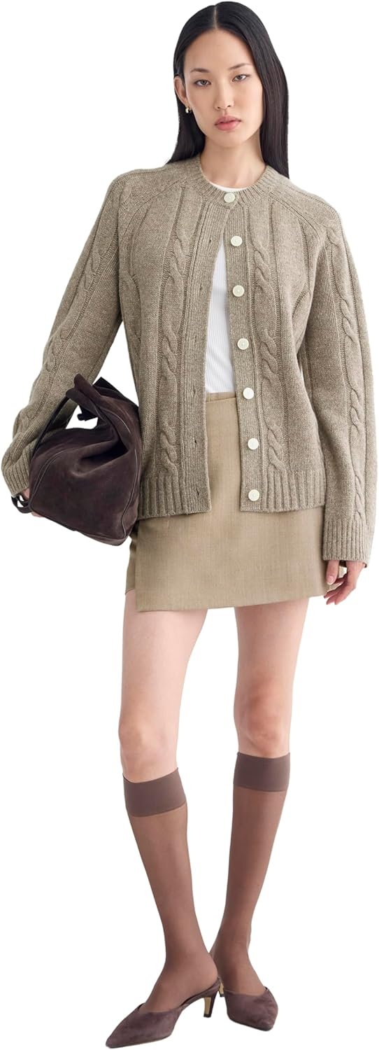 image:imageEverlane Womens Everlane Cable Cardigan in Extrafine Luxe MerinoHeather Soft Taupe