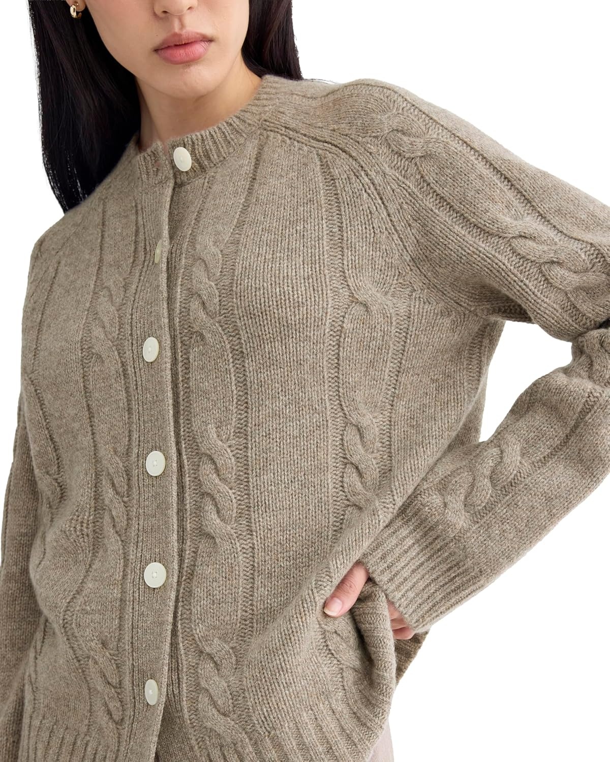 image:imageEverlane Womens Everlane Cable Cardigan in Extrafine Luxe MerinoHeather Soft Taupe