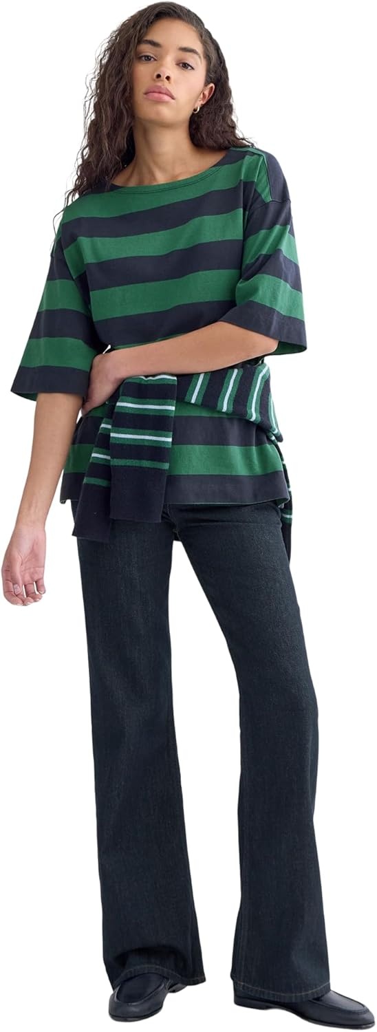 image:imageEverlane Womens The Mariner Tee Relaxed Boat Neck Boxy Cotton Knit Top with Dropped ShoulderNavyHunter Green