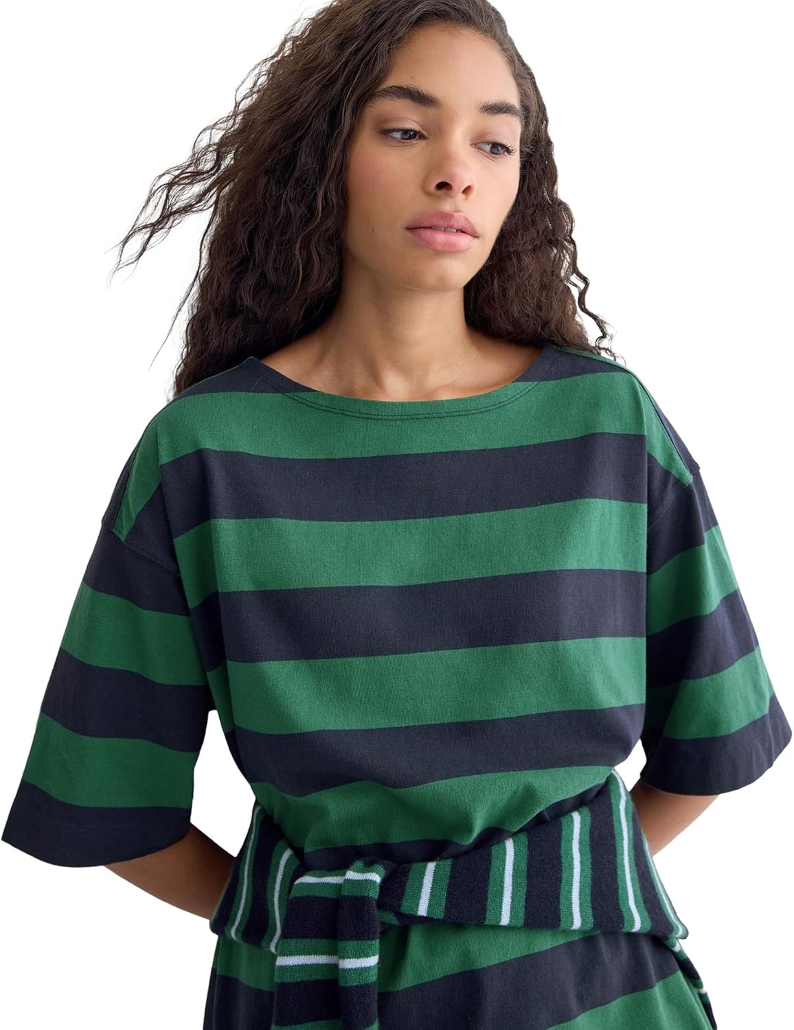 image:imageEverlane Womens The Mariner Tee Relaxed Boat Neck Boxy Cotton Knit Top with Dropped ShoulderNavyHunter Green