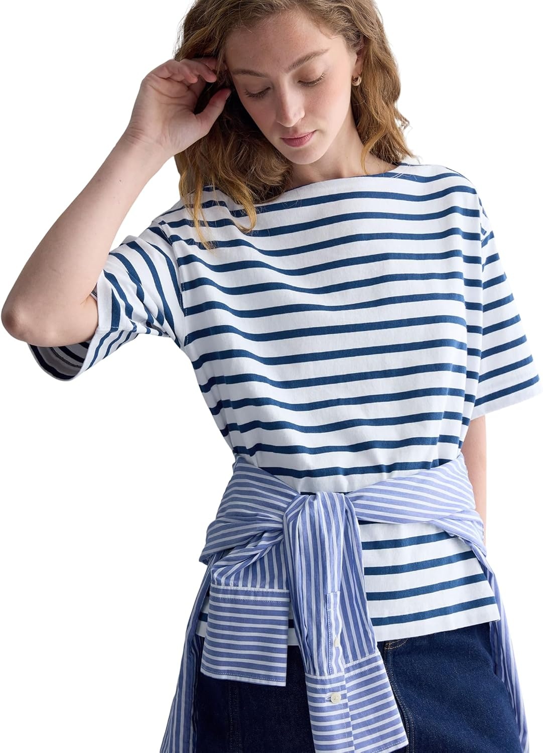 image:imageEverlane Womens The Mariner Tee Relaxed Boat Neck Boxy Cotton Knit Top with Dropped ShoulderWhiteEstate Blue