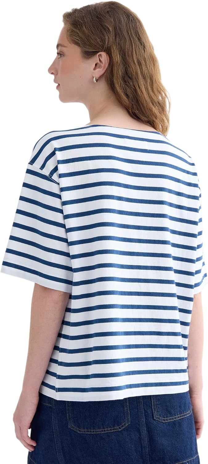 image:imageEverlane Womens The Mariner Tee Relaxed Boat Neck Boxy Cotton Knit Top with Dropped ShoulderWhiteEstate Blue