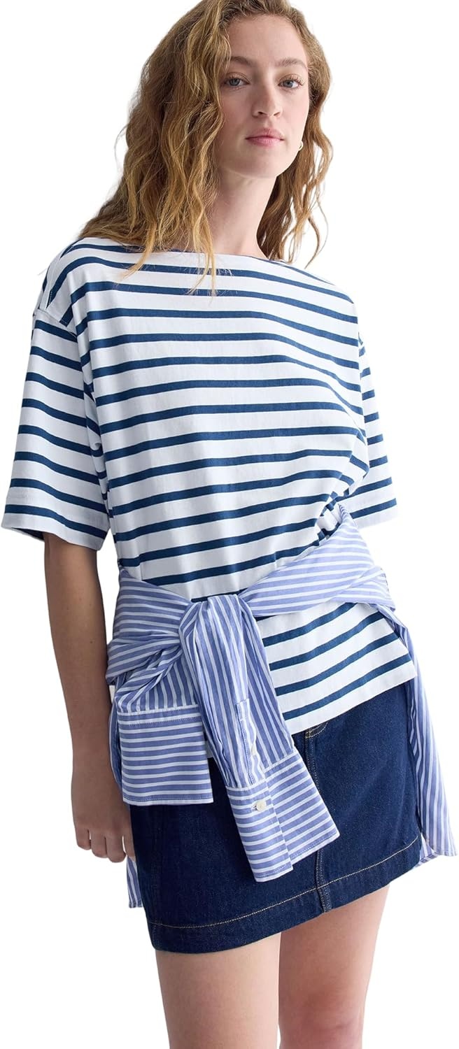 image:imageEverlane Womens The Mariner Tee Relaxed Boat Neck Boxy Cotton Knit Top with Dropped ShoulderWhiteEstate Blue