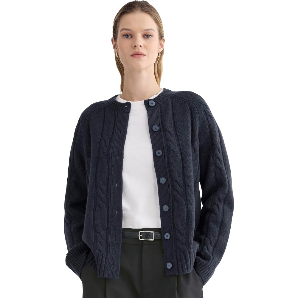 image:imageEverlane Womens Everlane Cable Cardigan in Extrafine Luxe MerinoNavy