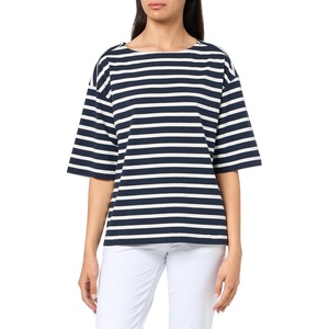 Everlane Women’s The Mariner Tee | Relaxed Boat Neck Boxy Cotton Knit Top with Dropped Shoulder(Navy / Bone)