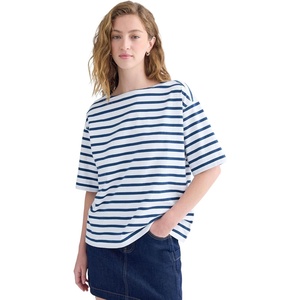 Everlane Women’s The Mariner Tee | Relaxed Boat Neck Boxy Cotton Knit Top with Dropped Shoulder(White/Estate Blue)